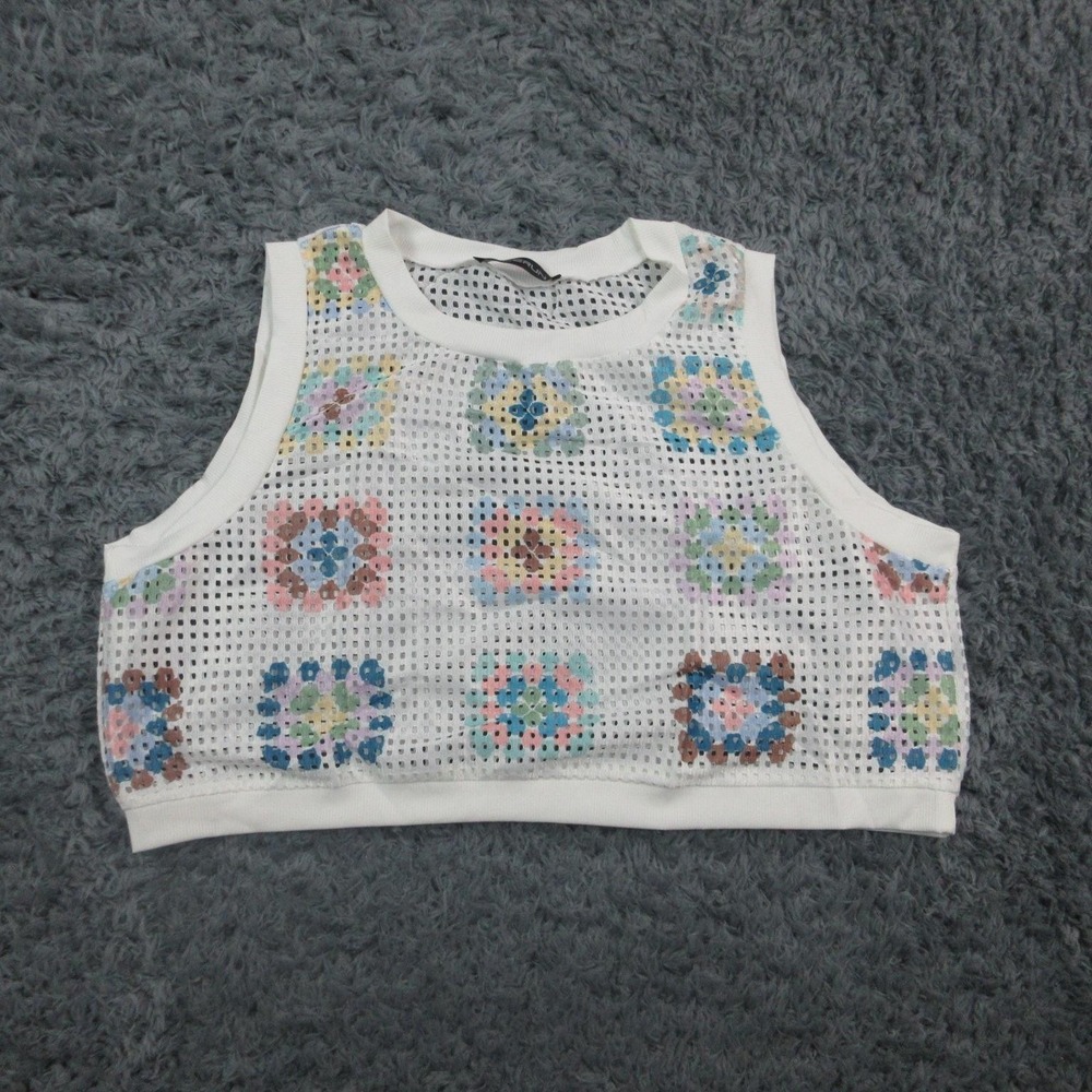 Incerun Shirt Womens Medium White Mesh Crochet Crop Tank Top Festival Sleeveless
